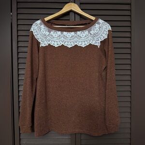 Brown Faux Pearl Lace-Trimmed Women's Top Sweater Size L NWOT
